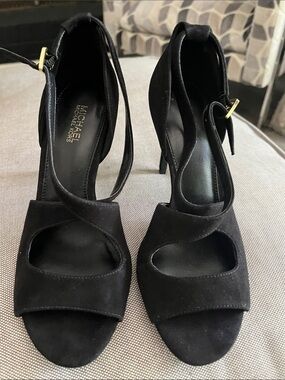 Michael Kors Black Suede Open Toe Ankle Strap Stiletto Heels